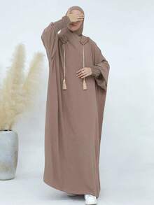 Women's Long Brown Polyester Prayer Robe With Hood And Ruched Cuffs - Hooded Drawstring Robe - View 15
