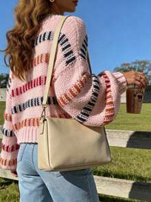 2026 Early Spring Must-Have Hit | Color Block Jacquard Bishop Sleeve Knit Sweater: Soft, Chunky Knit Fabric Perfect For Early Spring Layering, Featuring A Crewneck Relaxed Fit, Vibrant Jacquard Stripes, And Retro Bishop Sleeves. It Balances Laid-Back Comfort With Bohemian Energy, Available In Pink/Black/Beige/Blue-Your Eye-Catching Staple For Youthful Cool-Girl Vacation Spring Looks. Casual Rib-Knit - 粉色 - 查看 2