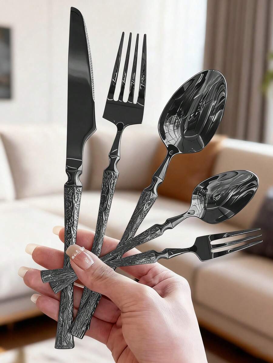5pcs/20pcs/30pcs Stainless Steel Cutlery Set, Knife Fork Spoon Suitable For Kitchen, Restaurant, Wedding, Party, Holiday Gift - Black - View 1