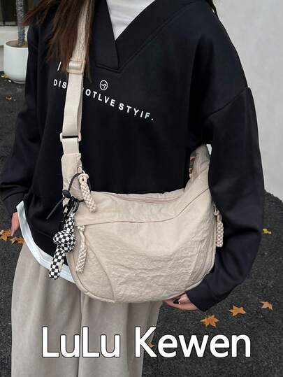 lulu kewen Fashionable Color Nylon Waterproof Shoulder Bag With Simple & Casual College Style, Wide Strap, Multiple Zipper Design Suitable For Students, Shopping, Daily Use, Shoulder Bag For School