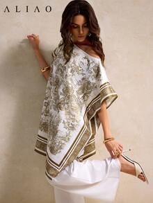 Aliao 高端露肩日落假日印花蝙蝠袖上衣，吸睛单品，新年、情人节、优雅女士、海滩装、感恩节装、毕业季、返校季、节日装扮 - 彩色 - 查看 6