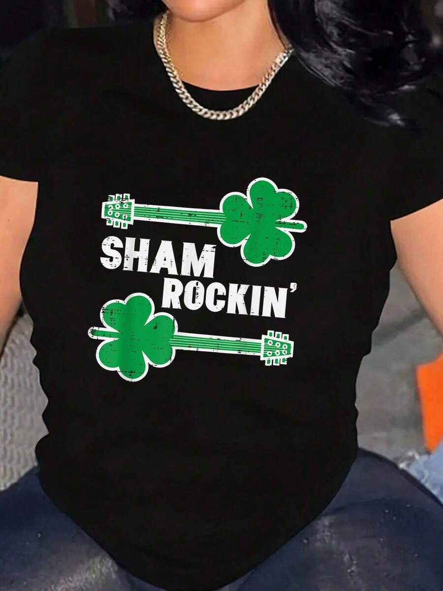 100% Cotton St Patricks Day Guitar Shamrockin Irish Rocker Boys Kids Men T-Shirt Women's Men's Streetwear Graphic Tee Black Crew Neck Vacation Tops - 黑色 - 查看 1