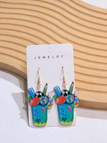 1 Pair Acrylic Back To School Themed Pencil Holder, Ruler, Apple Board Earrings With Cute Double-Sided Cartoon School Elements, Interesting Student Gift Earrings For Daily Wear - Multicolor - View 3