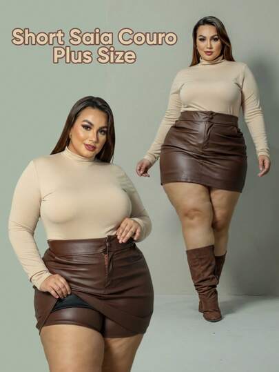 Saia Couro Feminino Plus Size  Look Festival Country Curve Short Saia  Cós Elástico 40 a 52