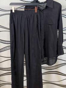 Elegant Casual Linen Party Set With Buttons Down The Front, Button Pocket, Shirt And Pants With Lining, Suitable For Office Or Beach. - màu đen - Xem 2