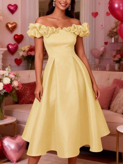 Vestido de noche largo con volantes y hombros descubiertos para mujer, falda de línea A de cintura alta, adecuado para citas, fiestas, bodas, damas de honor, graduaciones, invitados de boda, vestido de noche elegante y distintivo, serie de vestidos de Año Nuevo