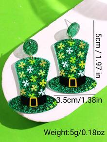1对圣帕特里克节创意趣味独特精致可爱卡通亚克力三叶草啤酒耳环，女士日常佩戴，节日派对饰品 - 彩色 - 查看 11