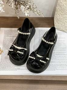 Wedge Platform Mary Jane Shoes, Retro Office Lady Style, Fashionable & Sweet With Pearl Bow Lace Patchwork, Versatile For All Seasons - Black - View 3