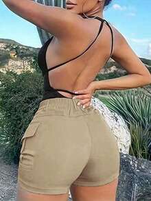 大码女式夏季服装，辣妹风格纯色高腰短款休闲沙滩度假户外运动工装裤，直筒裤，适合日常休闲、通勤、户外度假 - 杏色 - 查看 3