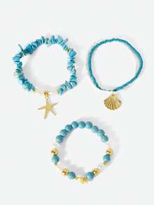 Opalesca 3pcs/Set Islandy Turquoise Natural Seashell Beaded Bracelet With Metal Starfish & Shell Pendant, Suitable For Women Daily Use And Beach Party - Blue - View 8