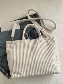 The New Retro-Chic Corduroy Hand Tote Bag Features A Hook And Loop Closure, Boasts A Lightweight And Minimalist Design, And Is Adorned With Letter Detailing. It Comes With An Adjustable Long Shoulder Strap, Making It A Soft-Textured Small-Capacity Crossbody Bag. Ideal For Women's Daily Leisure, Commuting, Work, Vacation And Student Use. - White - View 5