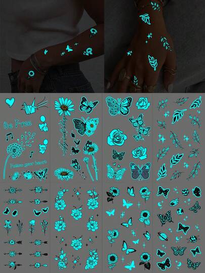 极简主义夜光蓝色临时纹身贴纸，图案包含雏菊、蝴蝶和蒲公英，适用于手指、耳朵、肩膀、脖子、锁骨等部位，可用于音乐节、派对、节日和DIY等场合。
