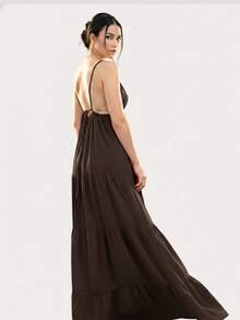Casual, Loose-Fitting Maxi Dress With Thin Straps And A V-Neck For Summer. - 鏽棕色 - 查看 2