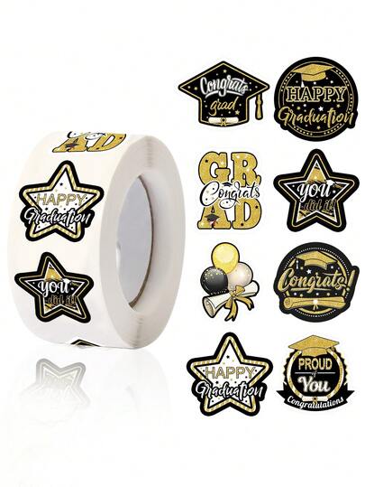 500张/卷 毕业贴纸标签，8种设计 黑金毕业帽装饰自粘圆形贴纸，2026届毕业祝贺标签，适用于信封封口贴纸、剪贴簿、毕业派对礼品、毕业派对用品