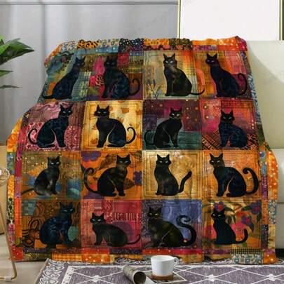 Soft Vintage Cat Blanket, Retro Black Cat Printed Flannel Blanket, Mixed Color Knitted Polyester, Comfortable For All Seasons, Suitable For Sofa, Bed, Car, Office, Camping, Travel - Soft And Warm Gift Blanket
