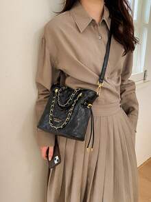 Casual Minimalist Diamond Embroidery Drawstring Bucket Bag, Lightweight Large Capacity Women's Shoulder & Crossbody Bag, PU Material - Black - View 4