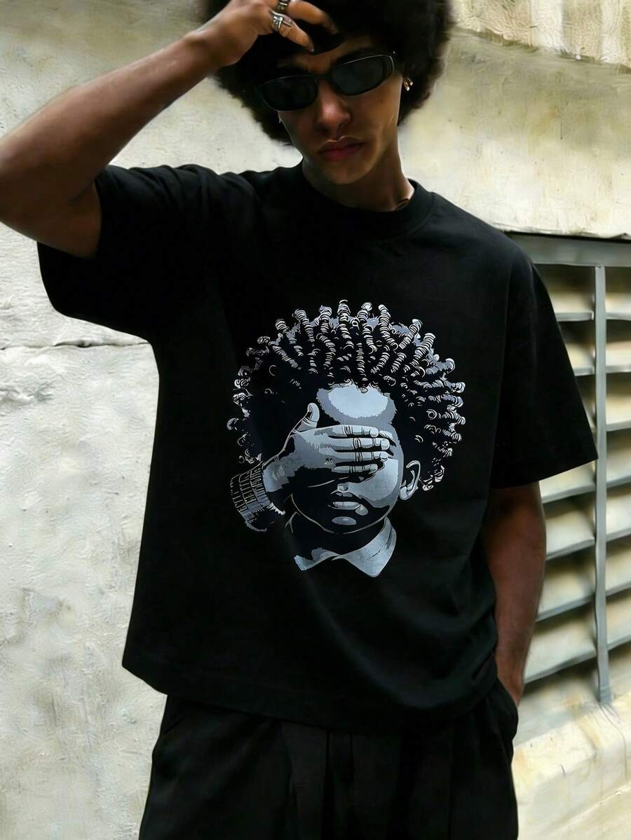 男士时尚休闲街头摇滚说唱宽松短袖T恤 | 趣味人物字母印花 | 精致设计 | 春夏必备 | 百搭易穿，展现您的个人风格。 - 黑色 - 查看 1