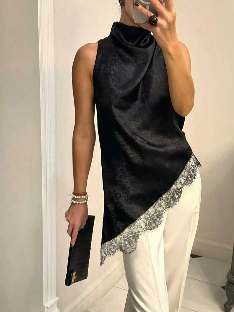 Women's Funnel Neck Polyester Camisole, Asymmetric Hem, Contrast Lace Detail, Regular Length Casual Black Summer - Black - View 1