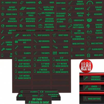 90 PCS Toolbox Labels, 82 Pre-Printed & 8 Blanks Tool Sticker Set, Chest Organizer Labels, High Self-Adhesive Printing Fits Tool Box Drawers Labels,Organizing Workshop And Garage Toolbox Drawers Tabs.