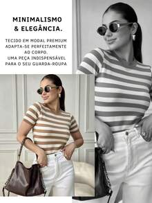 Short-Sleeved Striped Modal Blouse With High-Quality Stretch. - Cappuccino - Xem 2