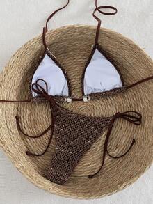 2件套女士春夏沙滩比基尼套装，钩编丝带贝壳装饰挂脖露背比基尼，波西米亚风钩编丝带贝壳装饰可调节抽绳度假连衣裙，适合沙滩、休闲、度假和泳池派对 - 巧克力棕 - 查看 4