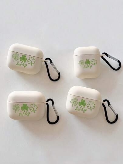 1 pieza Funda para auriculares con estampado de trébol mate y gancho negro, compatible con Apple (solo funda, sin auriculares incluidos)