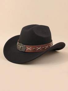 1顶儿童西部牛仔帽，采用柔软的毛毡面料，配有皮革帽带和牛头吊坠，宽帽檐，适合日常休闲、万圣节装扮和主题派对。 - 1PC - 查看 4