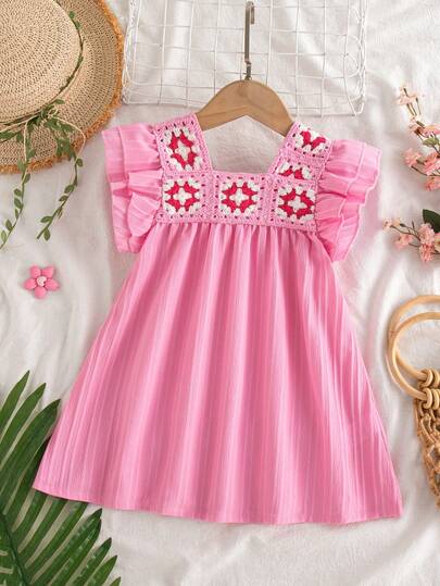 Đầm mùa hè mới cho bé gái, kiểu dáng móc len thủ công, cổ áo ruy băng, tay ngắn, màu trơn, thích hợp cho hoạt động ngoài trời, đi biển, nghỉ mát.