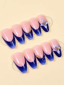 24片法式蓝色3D花朵按压式假指甲，美甲用品，适合日常佩戴 - 彩色 - 查看 2