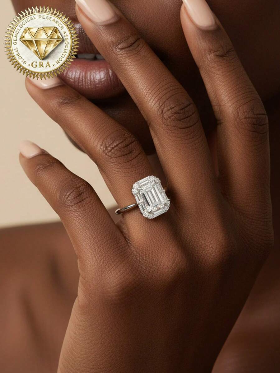 1枚女士订婚戒指，长方形月光石钻石戒指，2.5克S925纯银，2克拉莫桑石，波西米亚/宫廷风格，完美适用于订婚、求婚、结婚纪念日、情人节礼物。附赠莫桑石证书和精美礼盒包装。