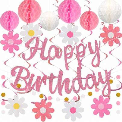 Birthday Decorations, NO DIY, Pre-Strung Happy Birthday Banner With Honeycomb Balls, Hanging Swirls, Circle Dots Garland, Happy Birthday Party Decorations For Women Men Boys Girls