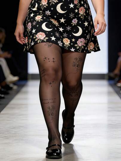 Plus Size Lotus Flower Art Stockings - Elegant Floral Print Design, Suitable For Refined Individuals