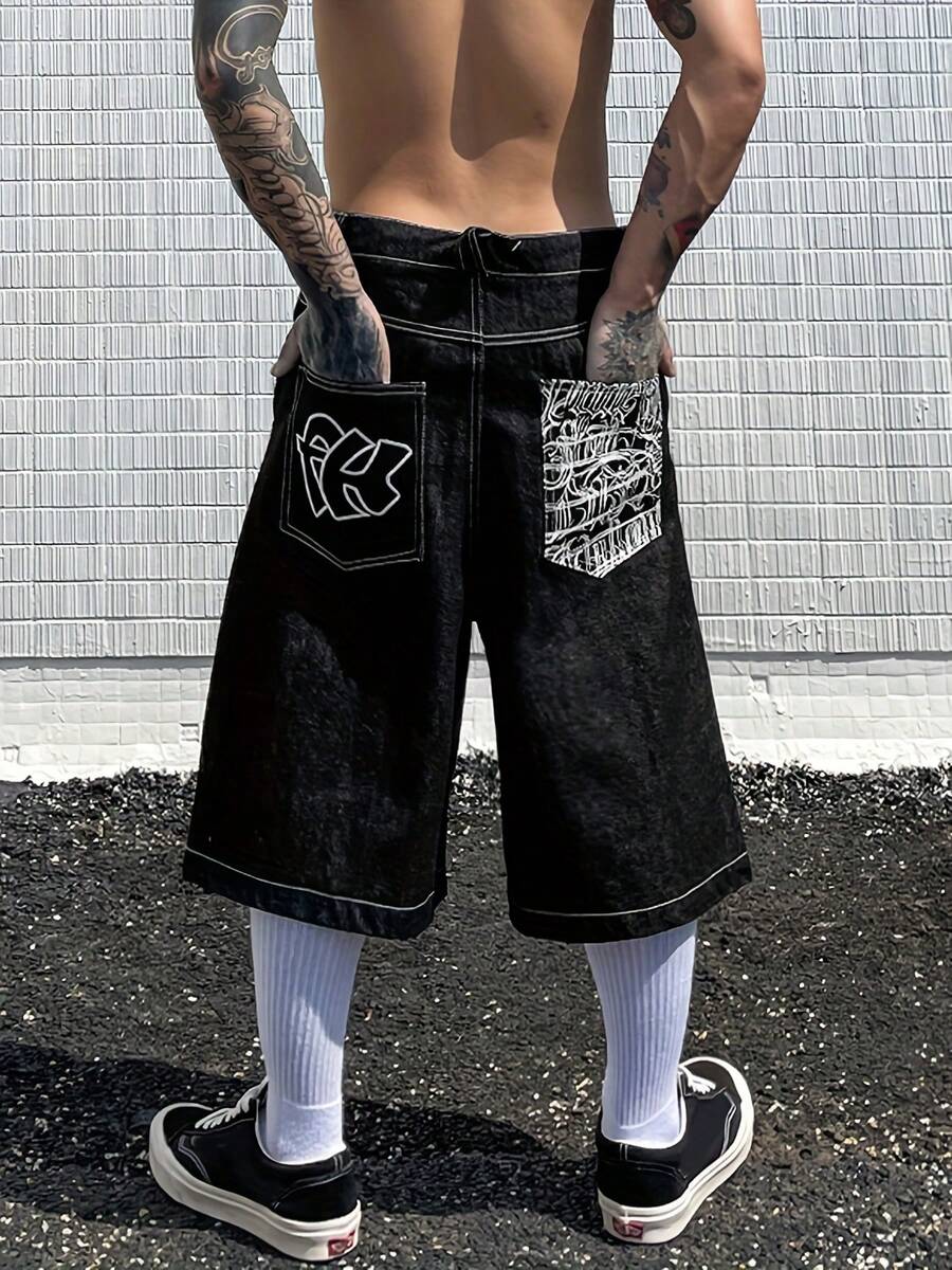 GlobeSwift 男士刺绣花卉印花牛仔短裤