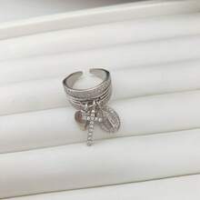 1pc New Style Side-Set Heart & Cross Religious Pendant Ring, Multi-Circle Adjustable Open Ring With Pave Zirconia Stones - Gold - View 3