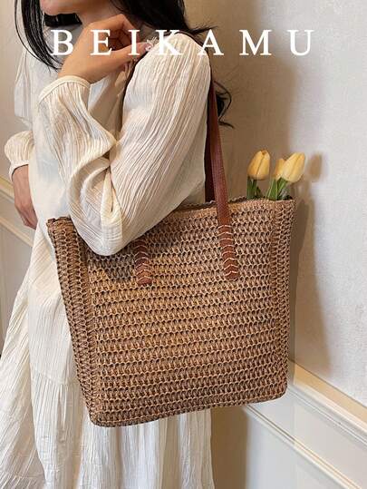 1pc Large Capacity Beach Vacation Style Woven Tote Bag, Casual Fashion Handbag, Solid Color Minimalist Crossbody Bag