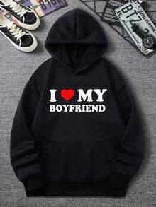 1PC Couples' Outfits - Valentine's Day ClothingMerry Christmas I LOVE MY GIRLFRIEND MY BOYFRIEND Design Graphic Hoodie Y2K  Couples' Hoodies For Men & Women - Winter Fleece Warm Casual Sweatshirts, Perfect Gift For Her On Valentine's Day, Christmas & New Year - 女款-黑色 - 查看 2