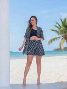Women's Kimono/Shorts With Matching Bottom, Casual, Cute, Boho, Openwork Fabric, Button, Beach, Vacation. - 黑色 - 查看 2