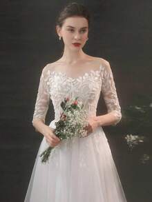 A-Line Lace Tulle Wedding Dress With Sweep-Brush Train – Elegant Bridal Gown For Weddings, Christmas Celebrations, Halloween Parties, Prom Nights & Birthday Occasions - 白色 - 查看 6