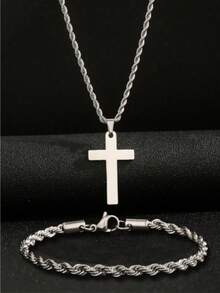 男士时尚百搭编织链十字架吊坠项链手链套装，适合日常佩戴和送礼 - 十字項鍊 - 查看 3