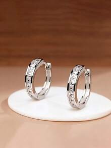 925纯银方形闪亮锆石双圈耳环，1.5厘米，低过敏性，日常佩戴，派对礼盒装 - 銀色 - 查看 4