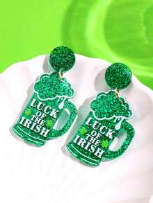 1对圣帕特里克节创意趣味独特精致可爱卡通亚克力三叶草啤酒耳环，女士日常佩戴，节日派对饰品 - 彩色 - 查看 5