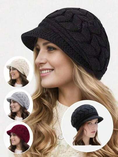 Women's One-Piece Knitted Beret Hat, Vintage Solid Color Elegant Casual Style, Made Of Soft And Warm Yarn Material, Featuring Cable Knit Details And Warm Lining, Windproof And Warm, Lightweight And Foldable For Easy Storage And Travel, Thick And Warm Design To Effectively Resist Cold Weather.