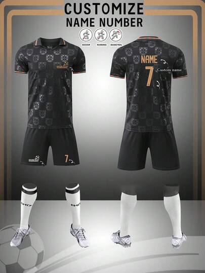 2pcs Portugal Football Jersey, Customized Soccer Uniform, 26-27 Soccer Jersey, Men's Personalized Football Shirt, Men's Sports Suit, Running Outfit, Summer Men's Set, Men's T-Shirt Set, Football Jersey, Personalized Soccer Uniform, Football Jersey With Number Printing, Suitable For Football, Badminton, Basketball, Cycling Black