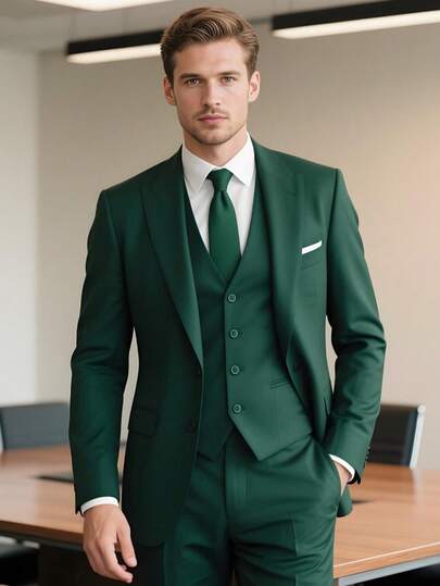 Traje de tres piezas para hombre, traje de boda de corte entallado, chaqueta + chaleco + pantalón, adecuado para novios, ocasiones formales y de negocios, verde oscuro, tallas XS-3XL, conjunto de esmoquin, tejido elástico.