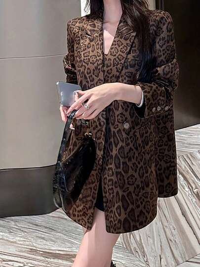 New Brown Suede Jacket For Women, Vintage Style With Bold Leopard Print Lapel Design, Double-Breasted Long Sleeve, Suitable For Spring, Valentine's Day, Carnival, Beach, Party, Wedding, Birthday And Other Occasions