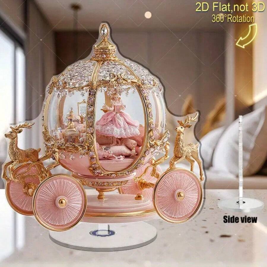 2D Decoración giratoria de acrílico con carroza y muñeca de cuento de hadas rosa y dorado, agrega encanto a las celebraciones, decoración interior/exterior, hogar, oficina, relajación, ballet, oficina, romántico, detalles intrincados, Día de los Abuelos, Aniversario, Fiesta, Año Nuevo, Boda, Día de San Valentín - A - Ver 1