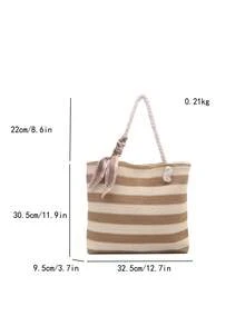 Large Capacity Scarf Tote Bag, 2026 Summer Striped Straw Woven Handbag, Beach Bag, Shoulder Tote, Casual & Versatile - Beige - View 6