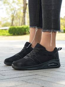 女士气垫休闲舒适圆头系带跑步鞋，透气轻便，适合日常穿着，学院风男女通用运动鞋 - 黑色 - 查看 5