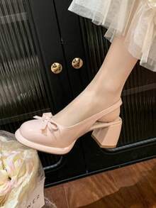 Sandalias francesas de tacón ancho para mujer - Nuevo diseño con punta cerrada y detalle de lazo - Zapatos de verano que añaden un toque distintivo a tus vestidos, la elegancia definitiva para cualquier ocasión, Zapatos de tacón de mujer - Rosa - Ver 3