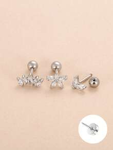 Set de 3 piezas de pendientes de botón de circonita marquesa plateada delicada para mujeres, pendientes de cartílago de flor para múltiples perforaciones, joyería para uso diario - Plata 3 piezas - Ver 4